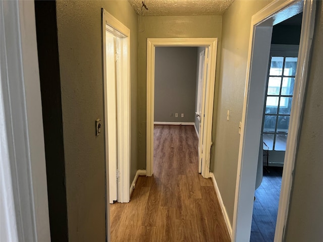 hallway featuring hardwood / wood-style flooring and a textured ceiling