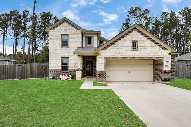 craftsman inspired home with a garage and a front lawn