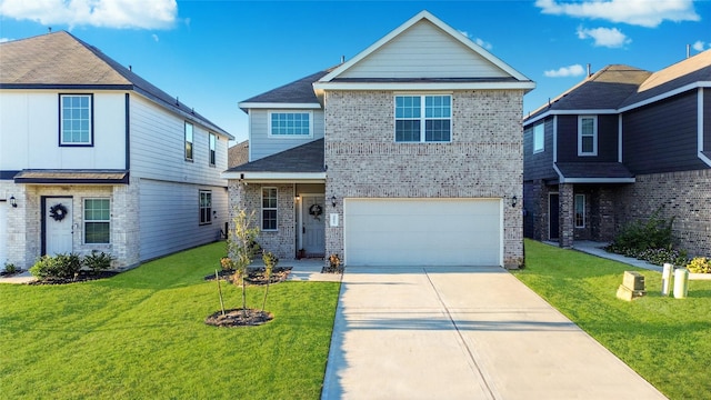 view of front of property featuring driveway, a front lawn, an attached garage, and brick siding