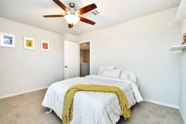 bedroom featuring visible vents, baseboards, a ceiling fan, and light colored carpet