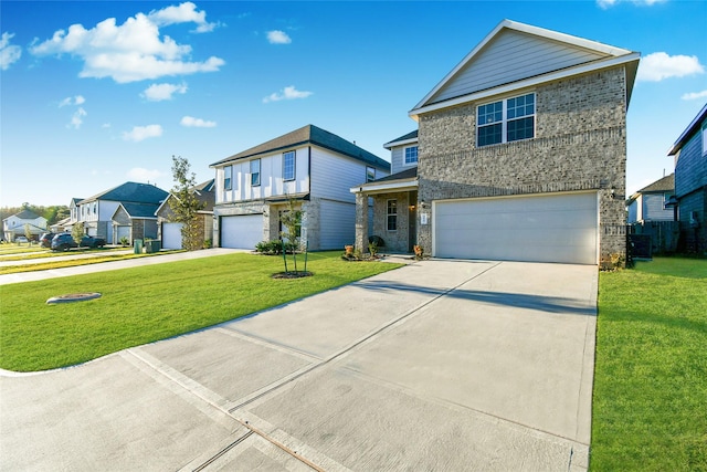 view of front of home featuring driveway, a residential view, an attached garage, a front lawn, and brick siding