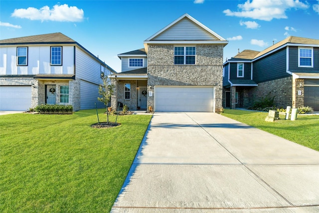 view of front facade featuring concrete driveway, brick siding, an attached garage, and a front lawn