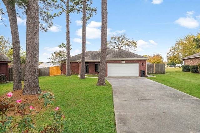 single story home featuring a front yard and a garage