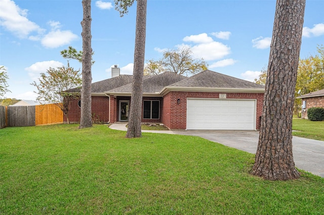 ranch-style house with a garage and a front lawn