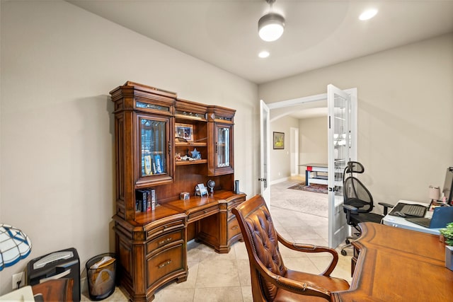 office with ceiling fan, light tile patterned floors, and french doors