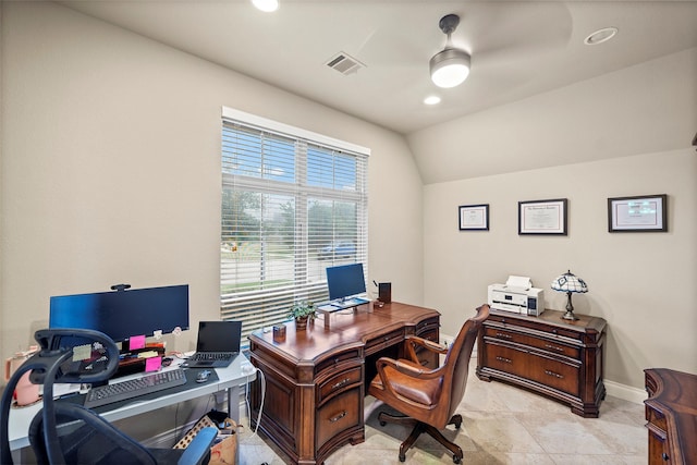 tiled office featuring ceiling fan and vaulted ceiling