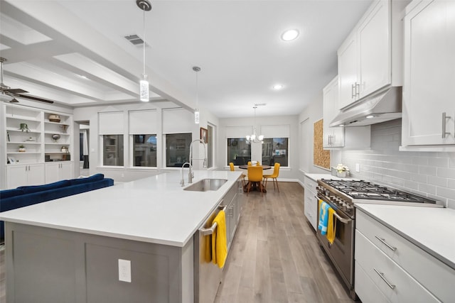 kitchen with white cabinetry, stainless steel appliances, sink, and a large island with sink