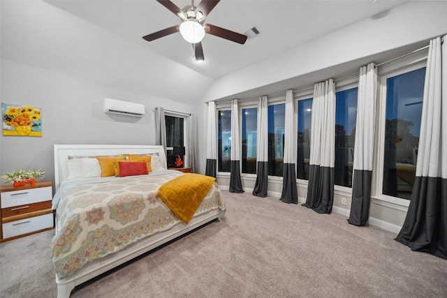 carpeted bedroom with lofted ceiling, a wall mounted AC, and ceiling fan