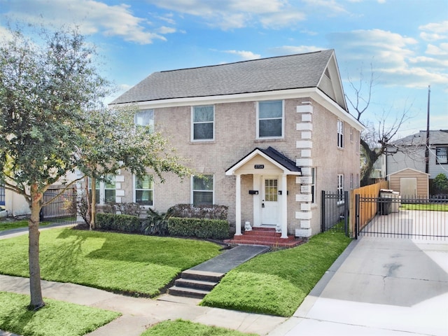 view of front of property featuring a storage shed and a front lawn