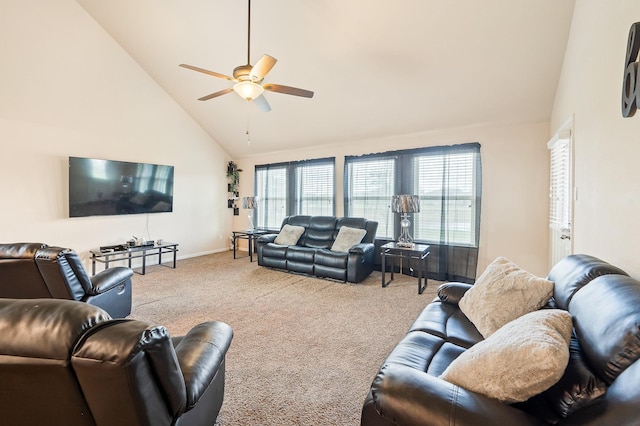 living room featuring carpet flooring, ceiling fan, and high vaulted ceiling