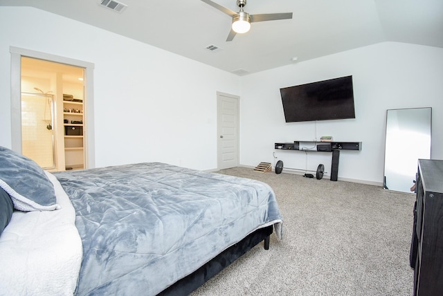 bedroom featuring ceiling fan, carpet, and lofted ceiling