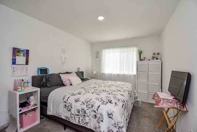 bedroom featuring dark carpet