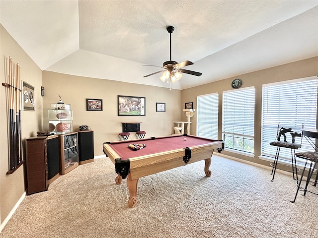 playroom featuring ceiling fan, light colored carpet, vaulted ceiling, and pool table