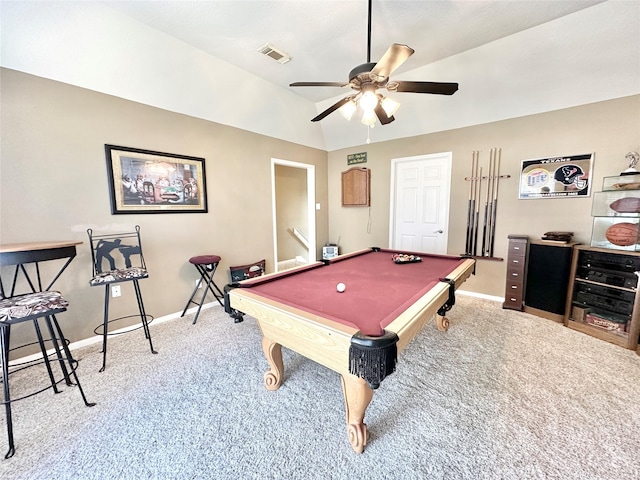 recreation room with ceiling fan, carpet floors, billiards, and vaulted ceiling