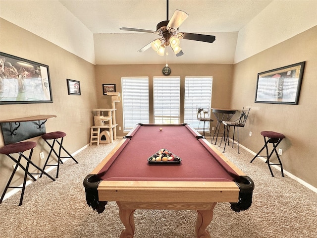 rec room featuring ceiling fan, carpet floors, pool table, and vaulted ceiling