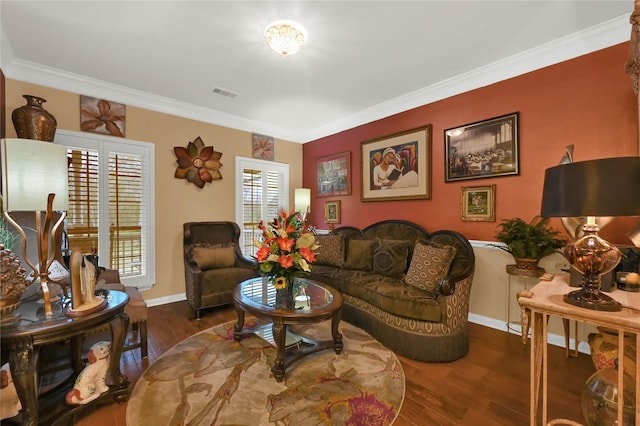 living room with dark wood-type flooring and ornamental molding