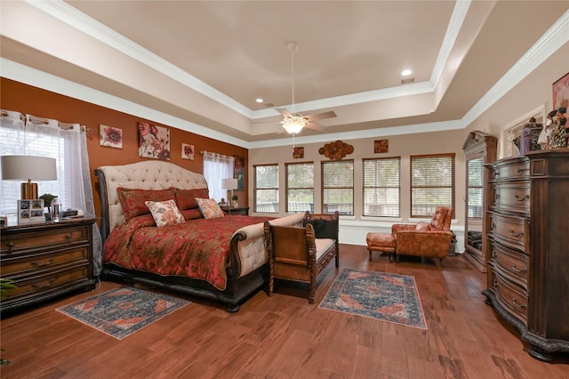 bedroom with ceiling fan, a raised ceiling, multiple windows, hardwood / wood-style floors, and ornamental molding