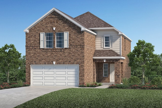 front facade featuring a garage and a front lawn