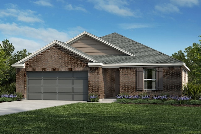 view of front of home with a front yard and a garage