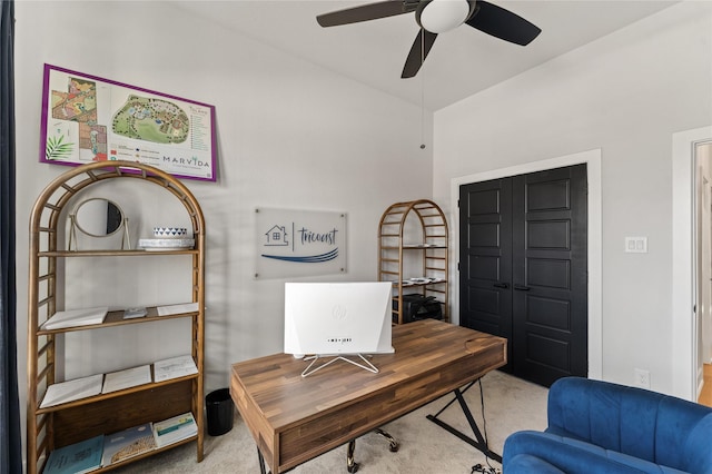 office area with light colored carpet and ceiling fan