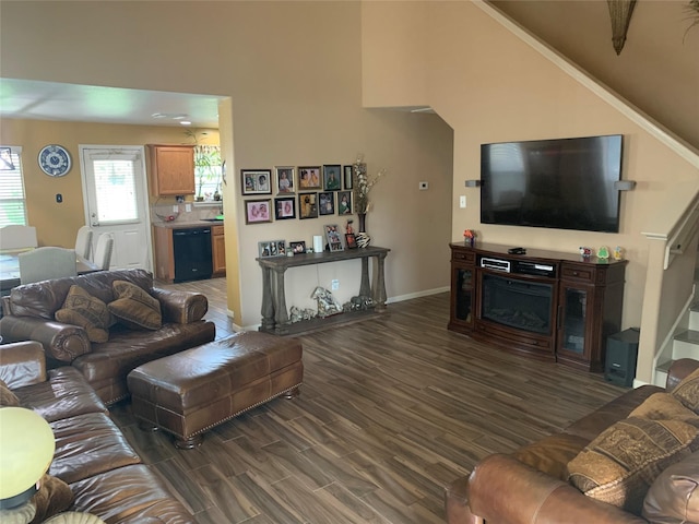 living room with dark hardwood / wood-style flooring