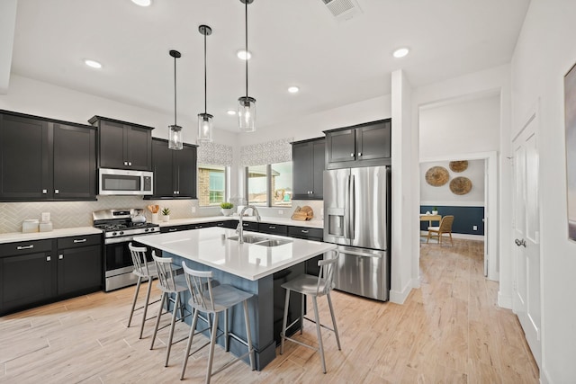 kitchen with sink, hanging light fixtures, an island with sink, a breakfast bar area, and appliances with stainless steel finishes