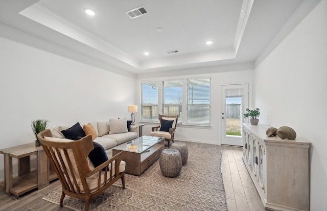 living room featuring crown molding and a tray ceiling