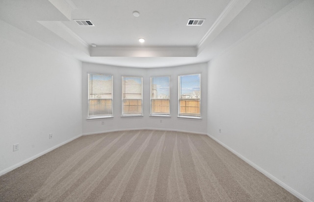 carpeted spare room featuring ornamental molding and a tray ceiling