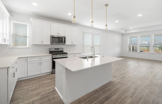 kitchen featuring appliances with stainless steel finishes, light countertops, white cabinetry, and a sink