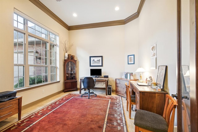 home office with light tile patterned floors and crown molding