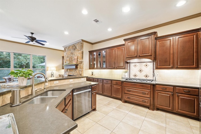 kitchen featuring ceiling fan, light tile patterned flooring, sink, and stainless steel appliances