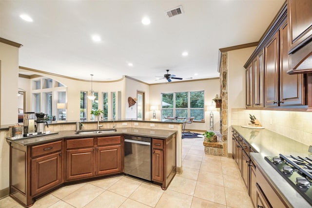 kitchen featuring dishwasher, sink, ceiling fan, ornamental molding, and kitchen peninsula