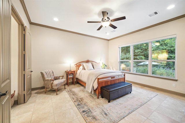 bedroom with ceiling fan, crown molding, and light tile patterned flooring