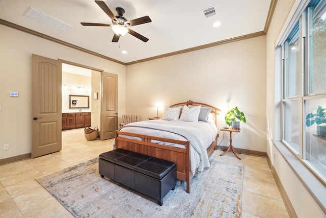 tiled bedroom featuring ensuite bath, ceiling fan, and ornamental molding