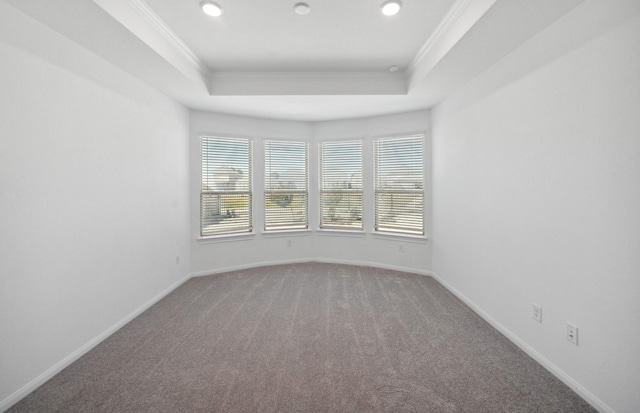 empty room featuring baseboards, a raised ceiling, and crown molding