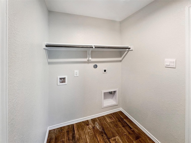 laundry area featuring electric dryer hookup, gas dryer hookup, hookup for a washing machine, and dark wood-type flooring