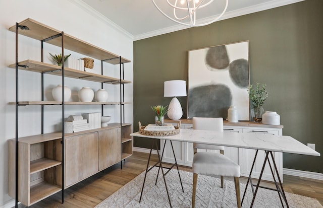 office space with hardwood / wood-style flooring, a notable chandelier, and crown molding