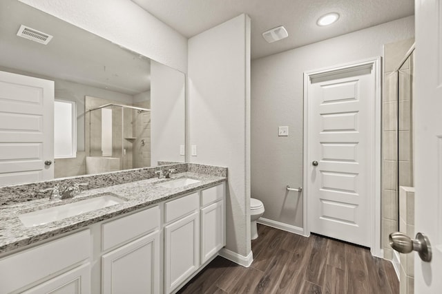 bathroom with vanity, toilet, and a shower with door