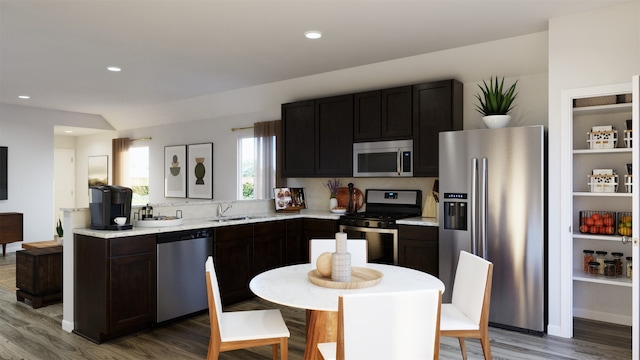 kitchen with sink, tasteful backsplash, wood-type flooring, dark brown cabinets, and appliances with stainless steel finishes