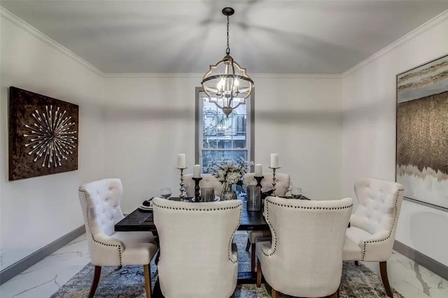 dining area with crown molding and a chandelier