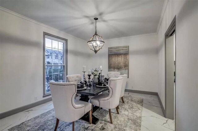 dining area with crown molding and a notable chandelier