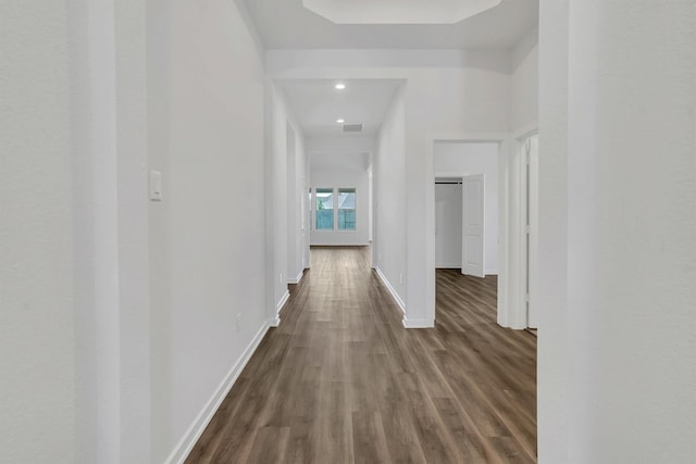 hallway with dark wood-type flooring