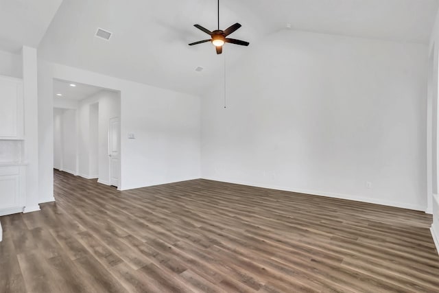 spare room with ceiling fan, dark hardwood / wood-style flooring, and high vaulted ceiling