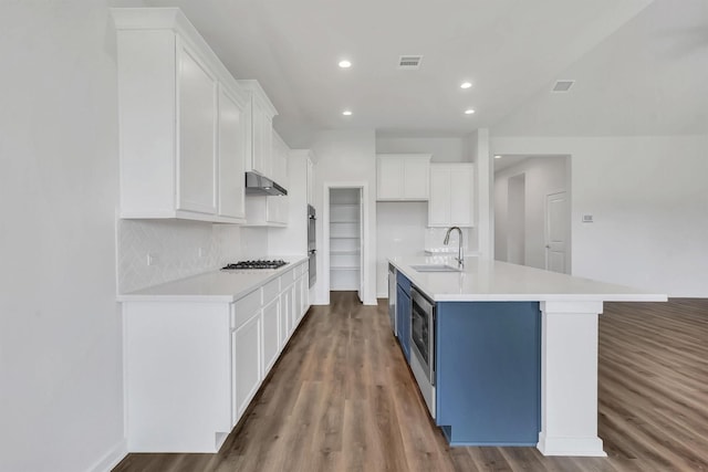 kitchen featuring white cabinets, dark hardwood / wood-style floors, a center island with sink, and sink