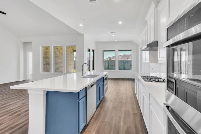 kitchen featuring stainless steel appliances, blue cabinets, a kitchen island with sink, sink, and white cabinets