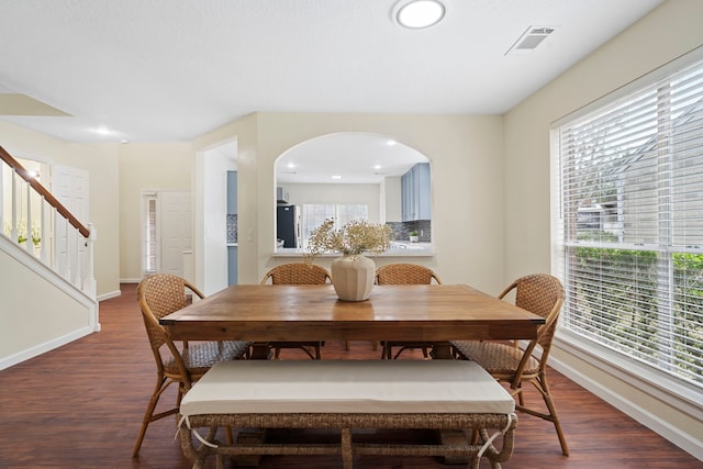 dining room featuring plenty of natural light and dark wood-type flooring