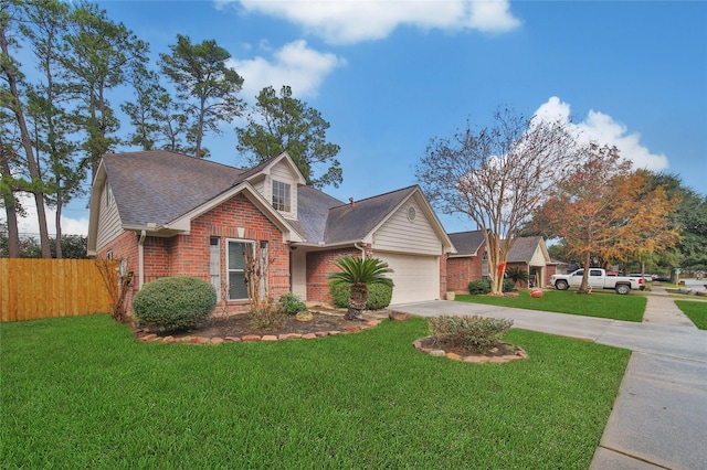 view of front of property with a front yard and a garage