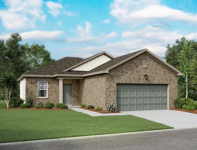 ranch-style house featuring a front yard and a garage