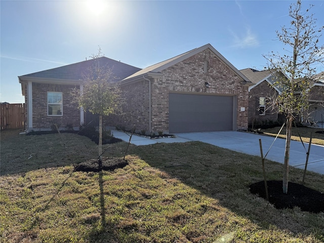 ranch-style house with a front lawn, brick siding, driveway, and an attached garage