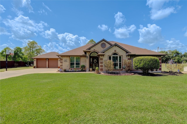 single story home with a front lawn and a garage